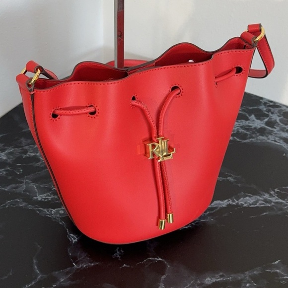 LAUREN RALPH LAUREN Andie Medium Leather Red Drawstring Bag AUTHENTIC - Picture 4 of 11
